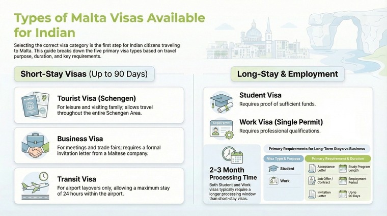 Types of Malta Visas for indian