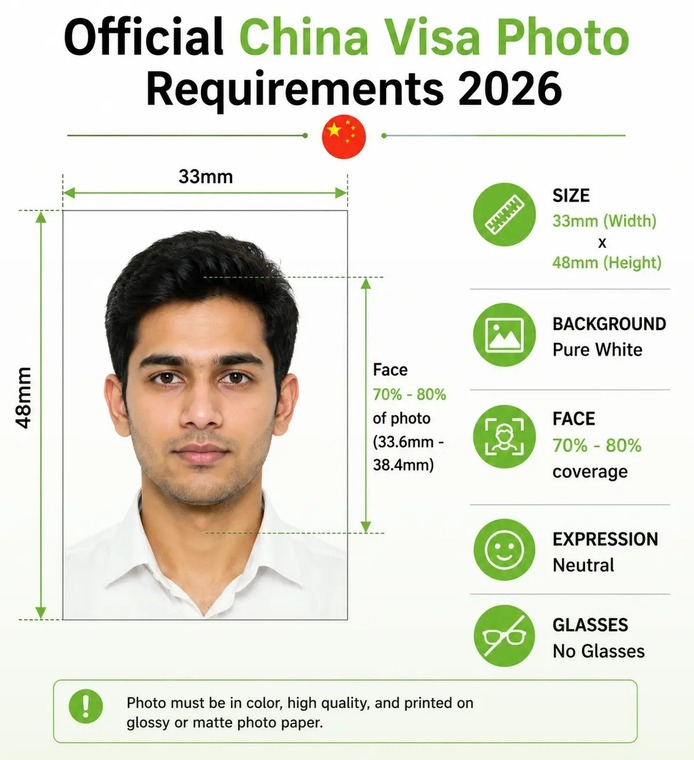 China visa photo size Latest China visa photo size specifications 2026: 33mm width x 48mm height with 70-80% face coverage on white background.